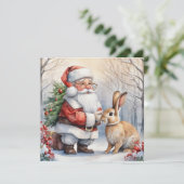 Kerstman en Bunny Natuur Illustratie Feestdagenkaart (Staand voorkant)