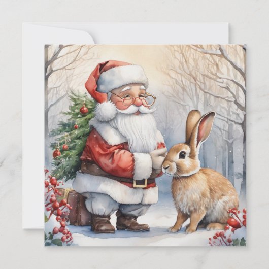 Kerstman en Bunny Natuur Illustratie Feestdagenkaart (Voorkant)