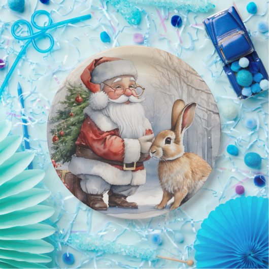 Kerstman en Bunny Natuur Illustratie Papieren Bordje (Feest)