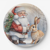 Kerstman en Bunny Natuur Illustratie Papieren Bordje (Voorkant)