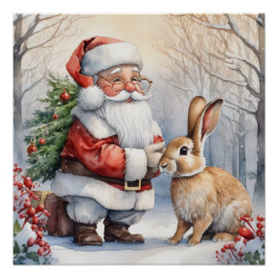 Kerstman en Bunny Natuur Illustratie Perfect Poster