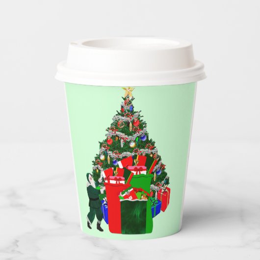 Kerstman en Cadeaus bij Tree Paper Cups Papieren Bekers (Achterkant)