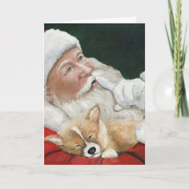Kerstman en Corgi Pup Christmas Wenskaart Feestdagen Kaart