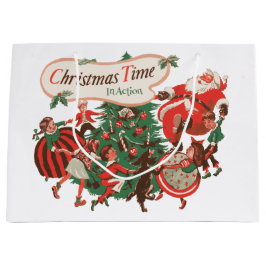 Kerstman en dansende kinderen in vintage stijl groot cadeauzakje
