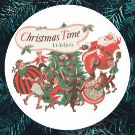 Kerstman en dansende kinderen in vintage stijl ronde sticker