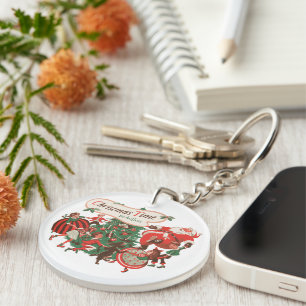 Kerstman en dansende kinderen in vintage stijl sleutelhanger