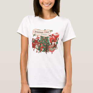 Kerstman en dansende kinderen in vintage stijl t-shirt