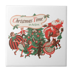 Kerstman en dansende kinderen in vintage stijl tegeltje