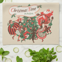 Kerstman en dansende kinderen in vintage stijl theedoek