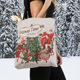 Kerstman en dansende kinderen in vintage stijl tote bag