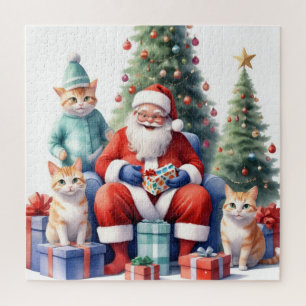 Kerstman en de kattenfamilie openen cadeaus blij i legpuzzel