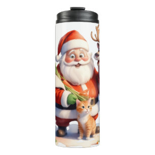 Kerstman en de kattenfamilie openen cadeaus blij i thermosbeker
