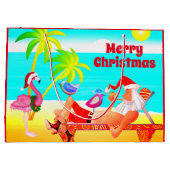 Kerstman en de vogels strand Vrolijk kerstfeest Groot Cadeauzakje (Achterkant)