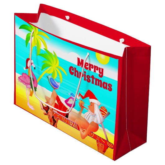 Kerstman en de vogels strand Vrolijk kerstfeest Groot Cadeauzakje (Voorkant Gekanteld)