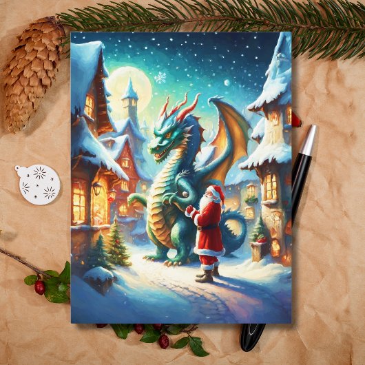 Kerstman en draak op de Noordpool tijdens kerstmis Feestdagenkaart