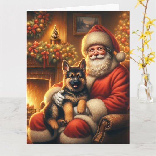 Kerstman en Duitse Herder Puppy Kerstmis Kaart (Gele Bloem)