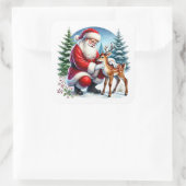 Kerstman en een jong rendier in de winter vierkante sticker (Tas)