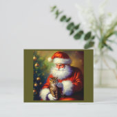 Kerstman en een kat 1 feestdagenkaart (Staand voorkant)
