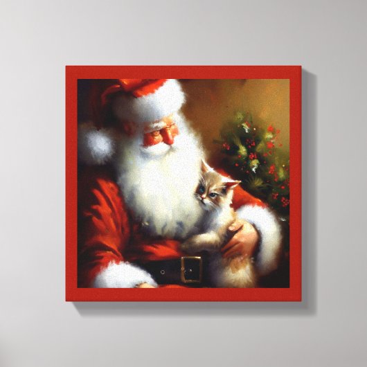 Kerstman en een kat 3 canvas afdruk (Voorkant)