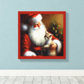 Kerstman en een kat 3 canvas afdruk (Insitu (Houten vloer))