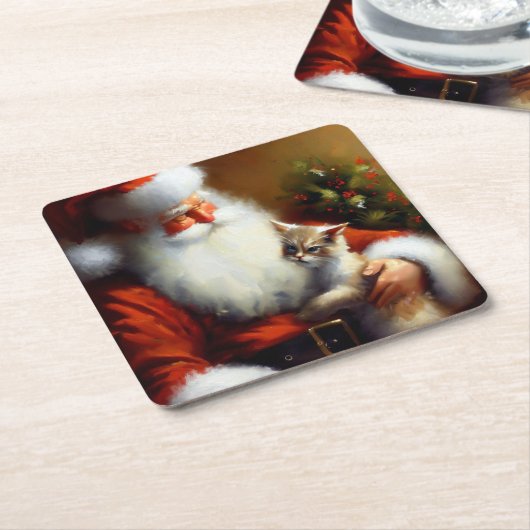 Kerstman en een kat 3 kartonnen onderzetters (Schuin)