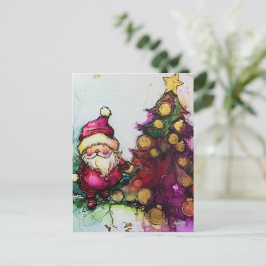 Kerstman en een kerstboom Alcohol Inkten Briefkaart (Staand voorkant)