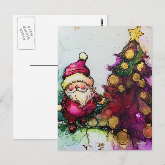 Kerstman en een kerstboom Alcohol Inkten Briefkaart (Voorkant / Achterkant)