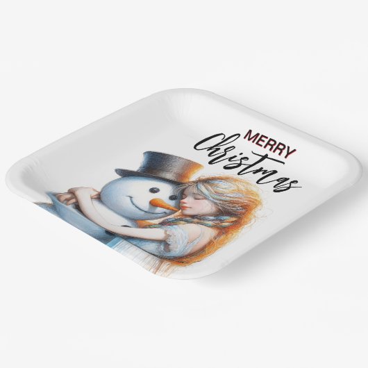 Kerstman en een meisje papieren bordje (Gebogen)