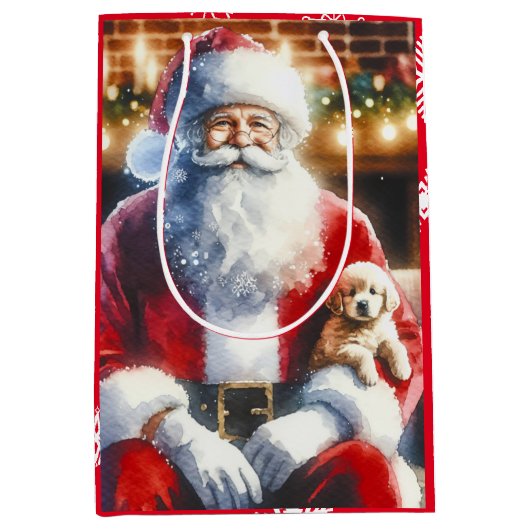 kerstman en een puppy kerst medium cadeauzakje (Voorkant)