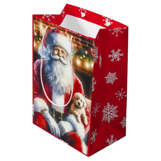 kerstman en een puppy kerst medium cadeauzakje (Achterkant Gekanteld)