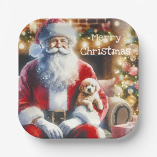 Kerstman en een puppy   Vintage Kerstmis Papieren Bordje