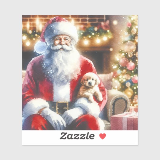 Kerstman en een puppy | Vintage Kerstmis Sticker (Vel)