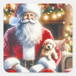 Kerstman en een puppy | Vintage Kerstmis Vierkante Sticker