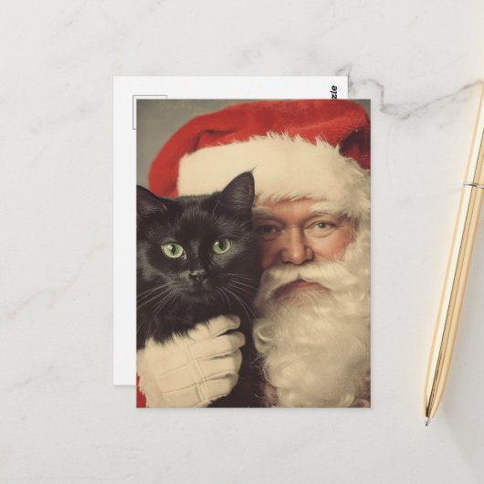 Kerstman en een Schattigee zwarte kat Briefkaart (Voorkant / Achterkant in situ)