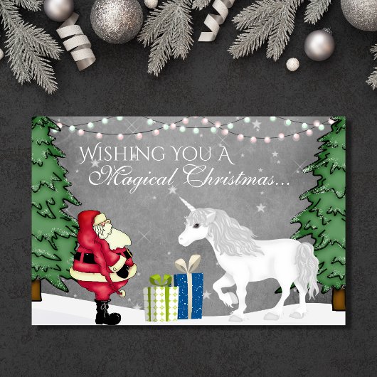Kerstman en Eenhoorn Magische Kerst Gelukkig Nieuw Feestdagen Kaart