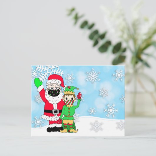 Kerstman en Elf in Mondkapje Brief van Kerstman Bl Feestdagenkaart (Staand voorkant)