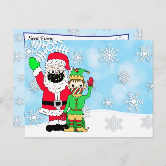 Kerstman en Elf in Mondkapje Brief van Kerstman Bl Feestdagenkaart (Voorkant / Achterkant)