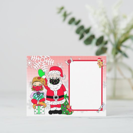Kerstman en Elf in Mondkapjes Brief van Kerstman B Feestdagenkaart (Staand voorkant)