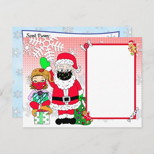 Kerstman en Elf in Mondkapjes Brief van Kerstman B Feestdagenkaart (Voorkant / Achterkant)