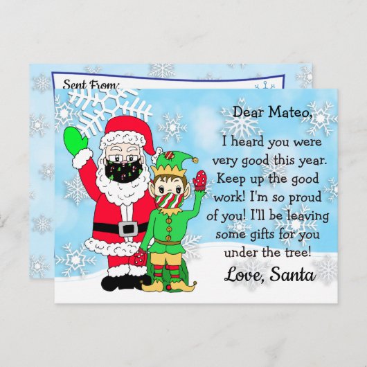 Kerstman en Elf in Mondkapjes Brieven aan Kind Feestdagenkaart (Voorkant / Achterkant)
