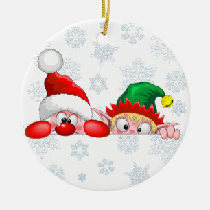 Kerstman en Elf Schattig en grappig Kerst Cartoon Keramisch Ornament