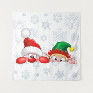 Kerstman en Elf Schattige en grappige karakters gl Wandkleed