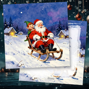 Kerstman en Elf sleeën op kerstavond Feestdagenkaart