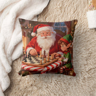 Kerstman en Elf spelen Schaken in Vintage Stijl Kussen