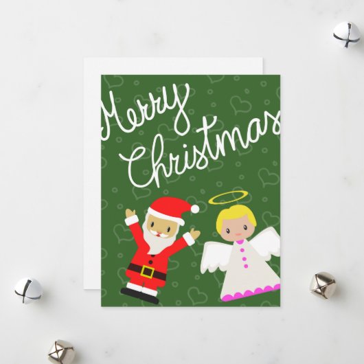 Kerstman en engel wensen je een vrolijk kerstfeest feestdagenkaart (Voorkant / Achterkant in situ)