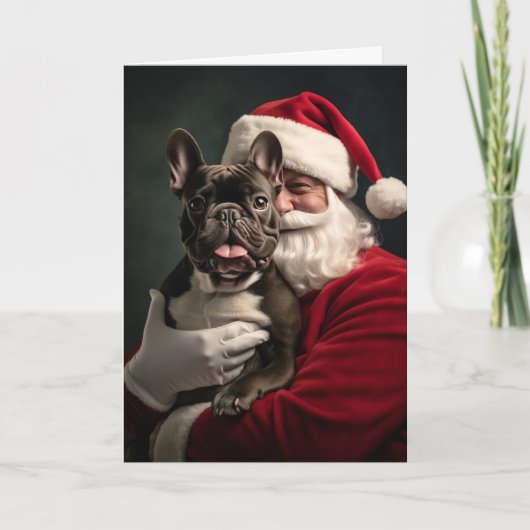 Kerstman en Franse Bulldog Feestdagen Kaart (Voorkant)
