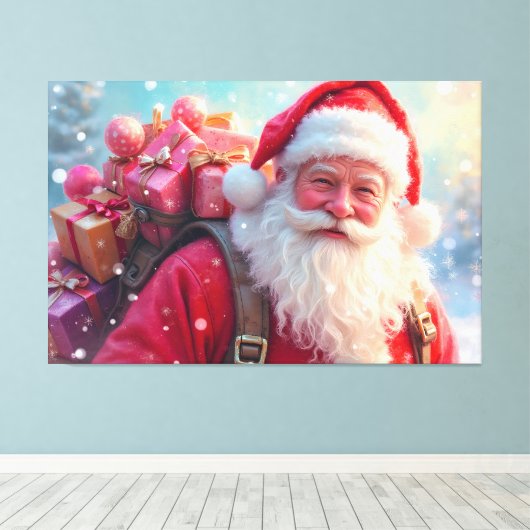 Kerstman en Geschenken Canvas Afdruk (Insitu (Houten vloer))