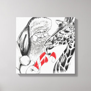 Kerstman en Giraffe Canvas Afdruk