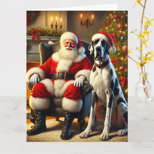 Kerstman en Great Dane Kerstmis Kaart (Gele Bloem)