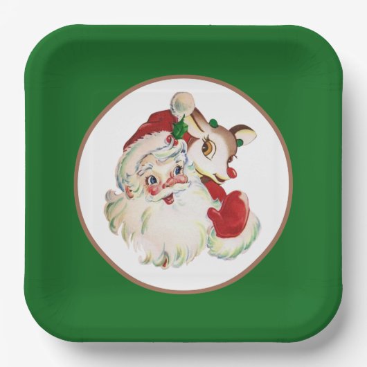 kerstman en hert met een traditioneel oogstjaar papieren bordje (Voorkant)